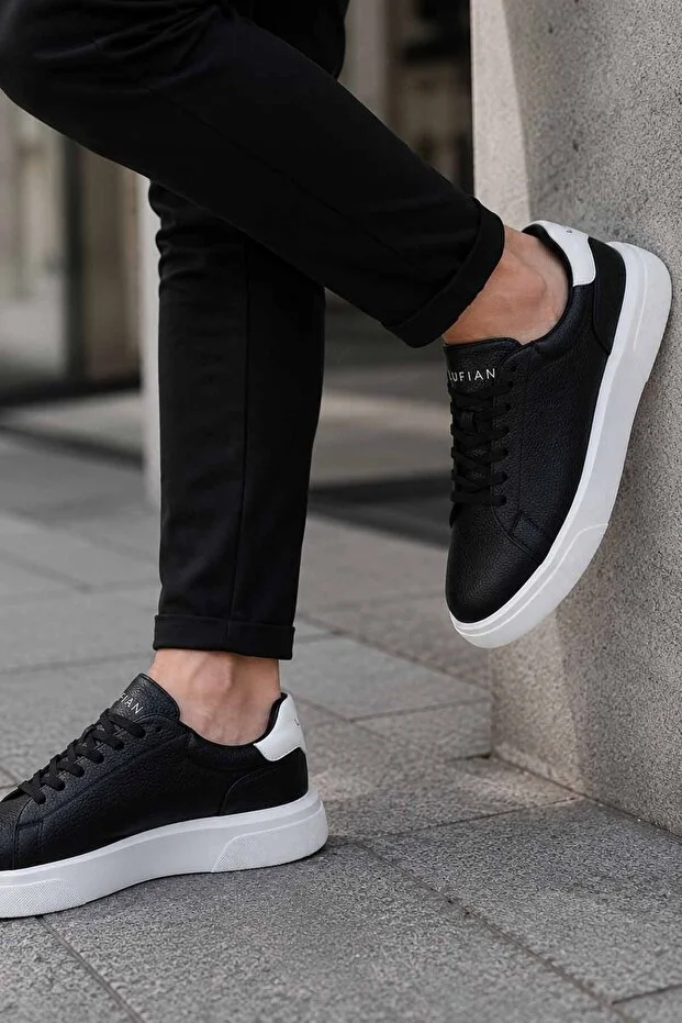 Tommy Erkek Günlük Sneaker Hakiki Deri Siyah Spor Ayakkabı Konforlu Kalın Taban